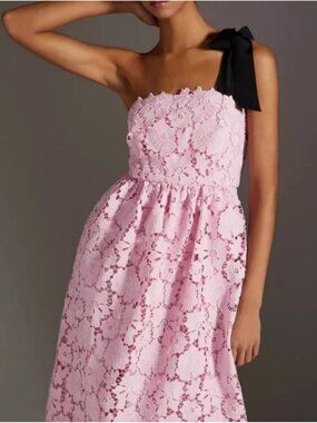 Anthropologie Maeve Pink Floral Lace Overlay Mini/Midi Dress size 8